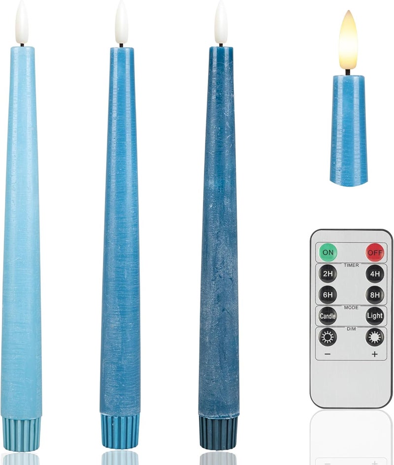 AFINETH Blue Flameless Taper Candles, 9.6" Real Wax Battery Operated Candles with Remote, 3 Pack Flickering, Gradient Candlesticks, Fake Candle for Home, Wedding, Party Decor - Image 1